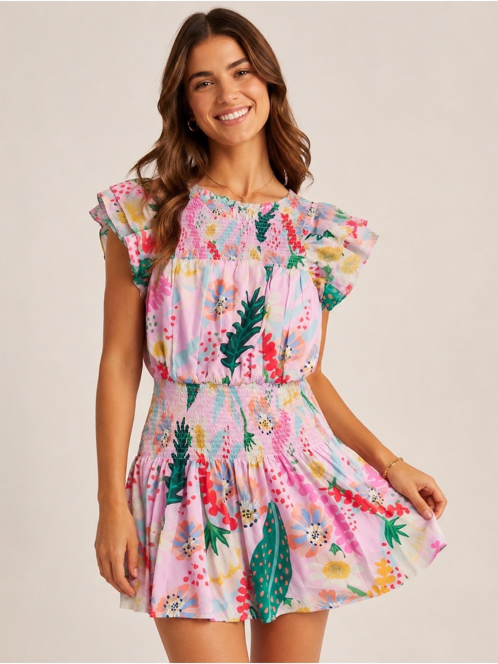Entro Floral Smocked Mini Dress Women’s Medium Flutter Sleeve NWOT
